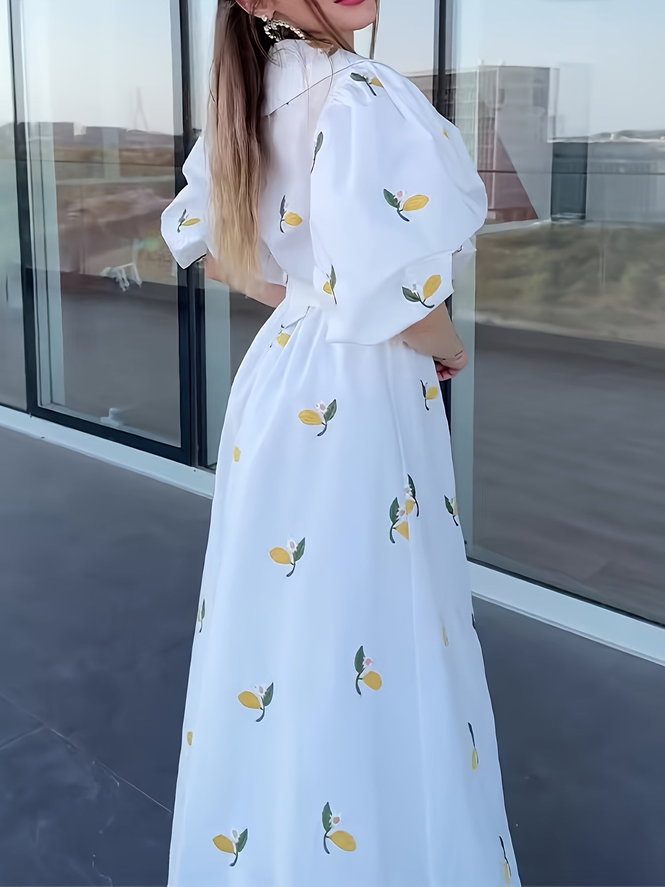 Elegant Maxi Dress with Puff Sleeves & Asymmetrical Hem