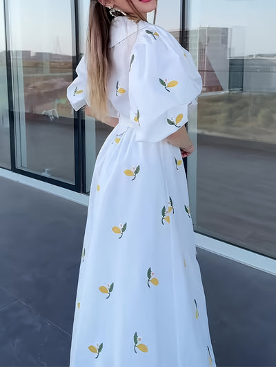 Elegant Maxi Dress with Puff Sleeves & Asymmetrical Hem