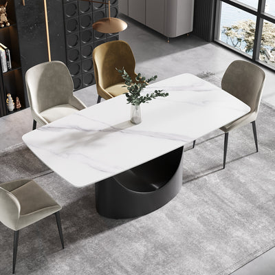 Modern Rectangle Marble Dining Table(Dining Table Only, Chairs Not Included), Marble Sintered Stone Top Dining Table, Rectangle Dining Room Table With Unique U-Shape Carbon Steel Pedestal For Kitchen/Living Room