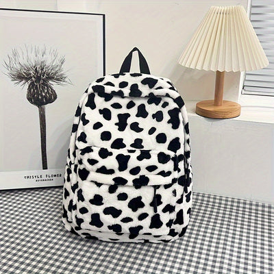 Women'S Cow Print Fleece Backpack, Korean Style Casual Shoulder Bag, Polyester Lining, Adjustable Straps, Zip Closure, Lightweight, Random Print, Versatile for School & Outings