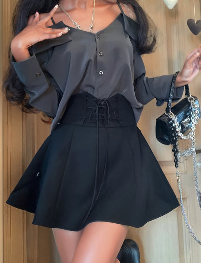 Women Summer Outfits Y2k Streetwear Off The Shoulder Ruffles Patchwork Tops+high Waist Lace Up Bandage A-line Skirts Set for Women Cute Slash Neck Two Pieces Sets Female Clothing