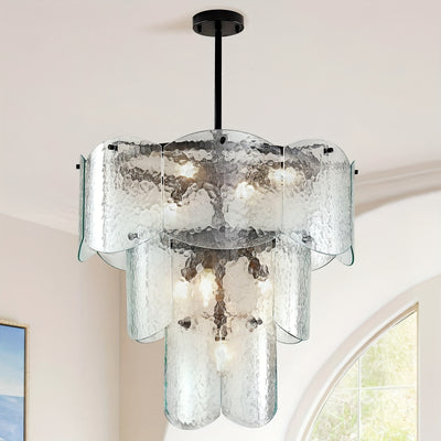 24" Modern Golden Chandelier with 8 Light Bulbs - Adjustable Round Glass Pendant for Dining Room, Kitchen Island, or Farmhouse Decor, Rustic Lighting Fixture with Polished Metal Finish, E12 Base, Compatible with LED/CFL Bulbs