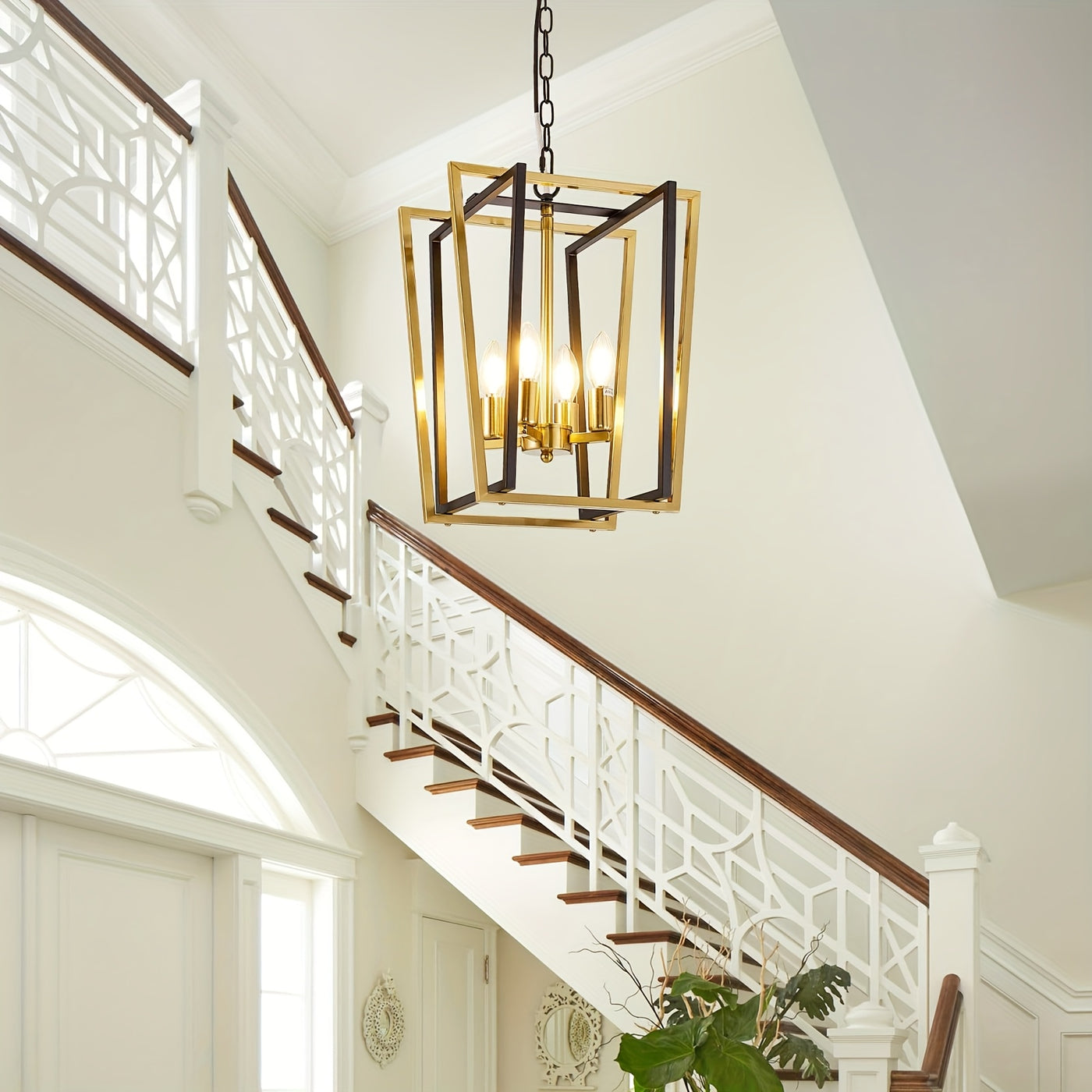 4-Light Adjustable Height Chandelier, Modern Farmhouse Geometric Metal Pendant Light Fixture with Polished Golden Finish & Rust-Resistant Powder Coating, E12 Base for Kitchen Island, Entryway, Foyer, Dining Room, Chandeliers