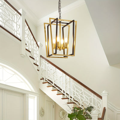 4-Light Adjustable Height Chandelier, Modern Farmhouse Geometric Metal Pendant Light Fixture with Polished Golden Finish & Rust-Resistant Powder Coating, E12 Base for Kitchen Island, Entryway, Foyer, Dining Room, Chandeliers