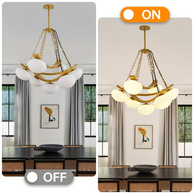7-Light Golden Modern Sputnik Chandelier, Mid Century for Dining Room Light Fixtures Over Table, Adjustable Hanging Ceiling Light Fixture with Globe Glass Shades for Kitchen Island Living Room Bedroom, Dining Table Light, Cha