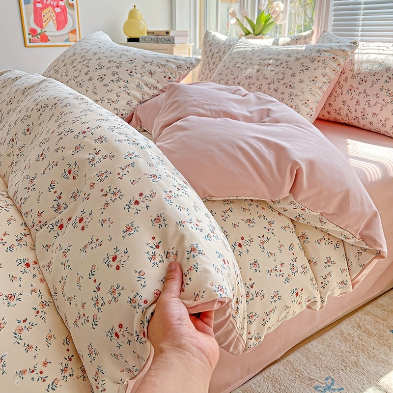 3pcs Korean Style Duvet Cover Set, New American Floral Duvet Cover Set with 1 Single Duvet Cover + 2 Pillowcases, Comfortable and Breathable, Machine Washable, Non-Fading and Deforming, Suitable for All Seasons, Light Beige-F