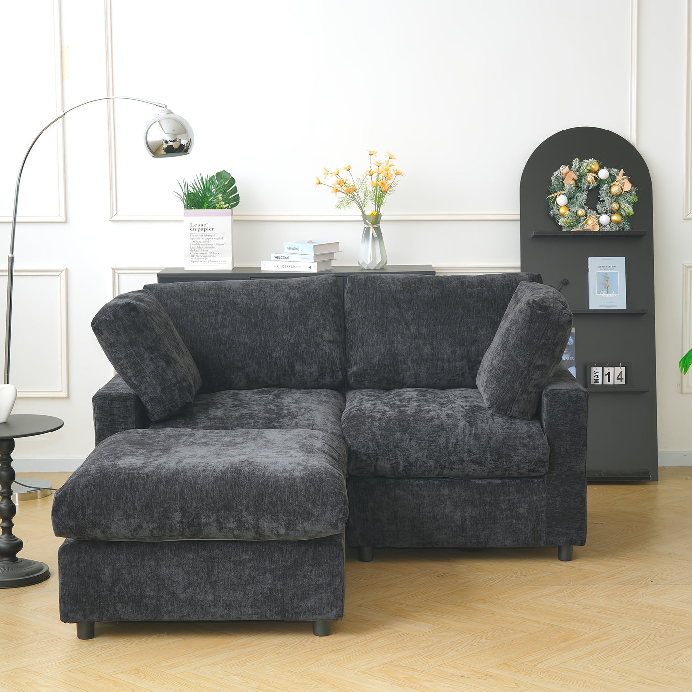 67" Modern Convertible Modular Sectional Sofa with Chaise Ottoman - Black Cloud Design, Washable Fabric & Linen-like Cover, Hardwood Frame, Plush Cushion Backrest, Minimalist L-Shaped or Straight Configuration for Living Room