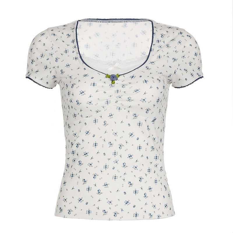Lace Stitching Square Collar Pleated Bow Short Sleeve T-shirt
