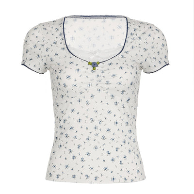 Lace Stitching Square Collar Pleated Bow Short Sleeve T-shirt