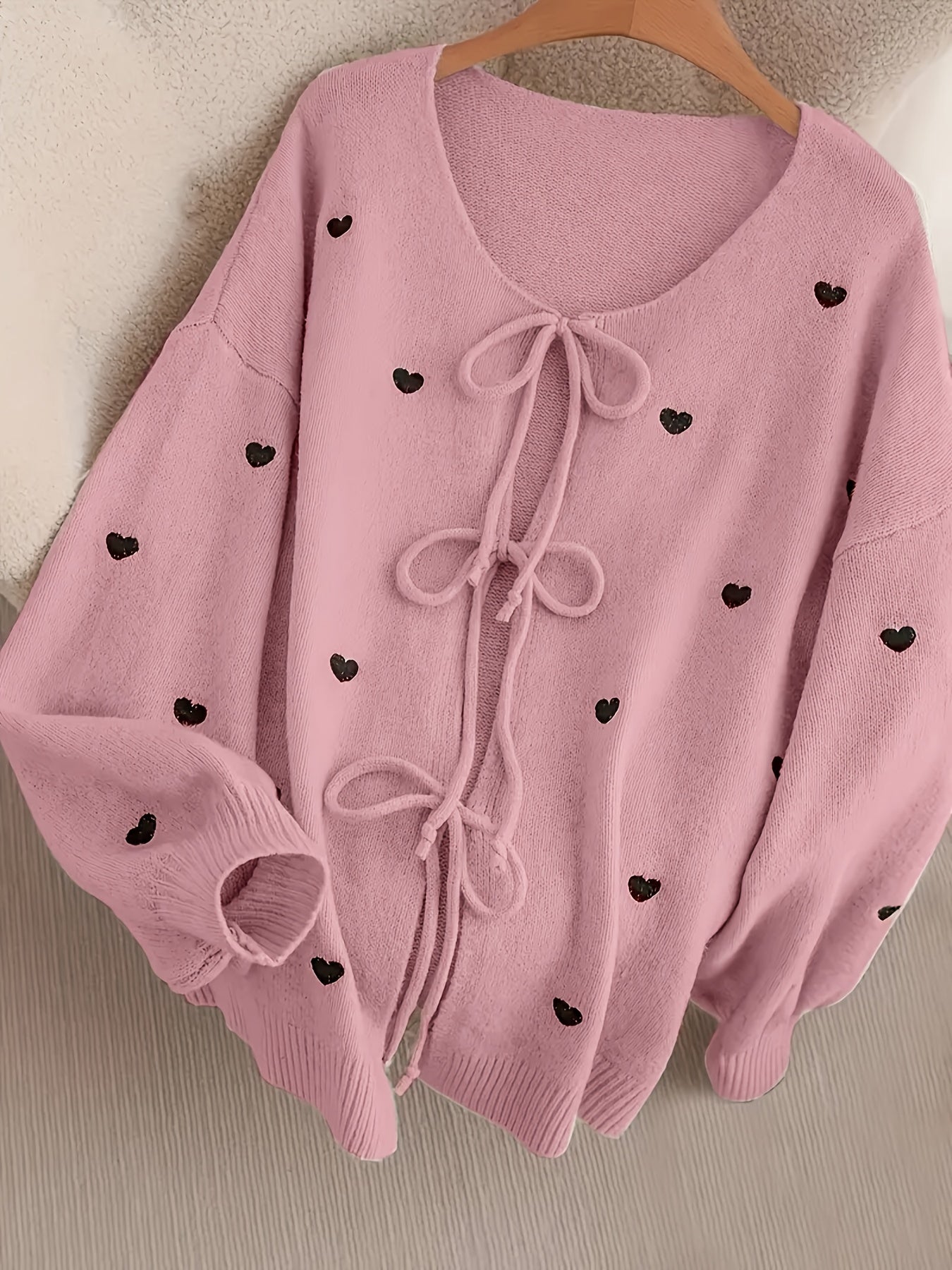 Women'S Soft Pink Sweater - Pastel Pink Cardigan with Front Tie-Waist, Heart Pattern, Boat Neck Longline Blouse for Fall/Winter Layering - Cozy Chic Sweater for Everyday Formal Outfits, Cute Sweaters, Winter Wardrobe, Feminin