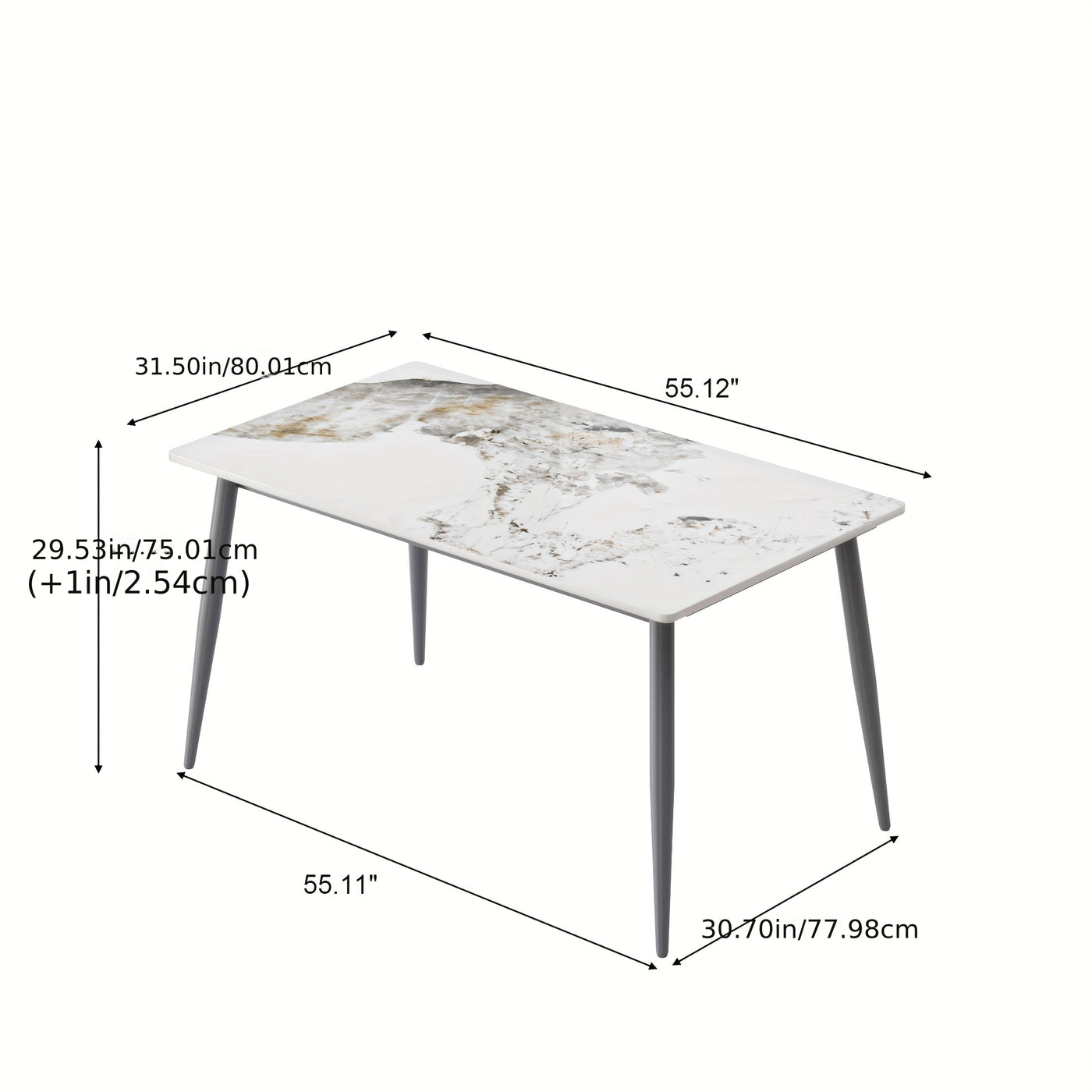 Modern White Sintered Stone Dining Table with Solid Carbon Steel Legs - Space-Saving Rectangular Table for Small Spaces, Easy Assembly, Scratch & Heat Resistant, 200lb Weight Capacity, Marble-Like Surface, Ideal for Apartment