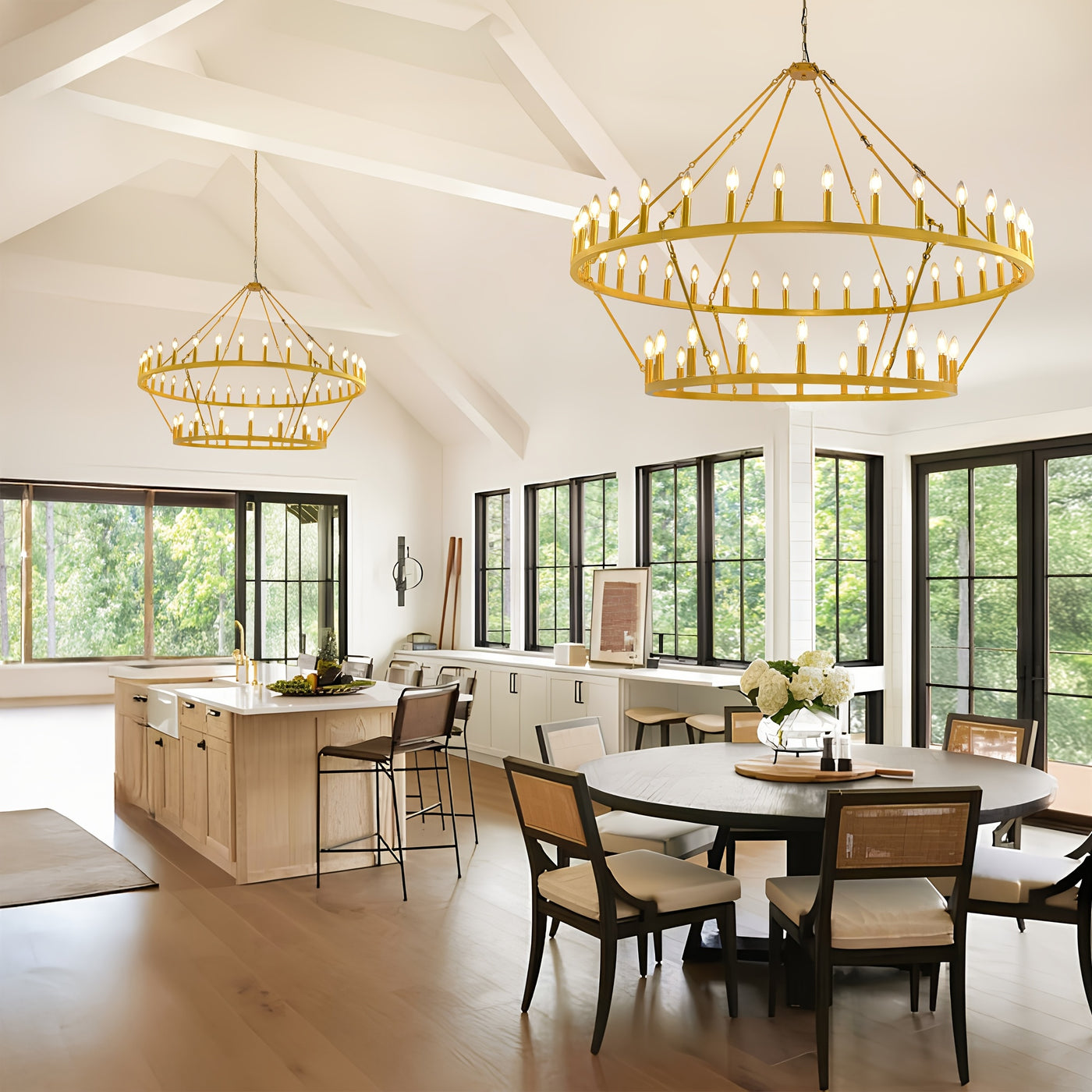 Modern Farmhouse Chandelier 2 Tier Round Wheel Chandelier Large High Ceiling Light.