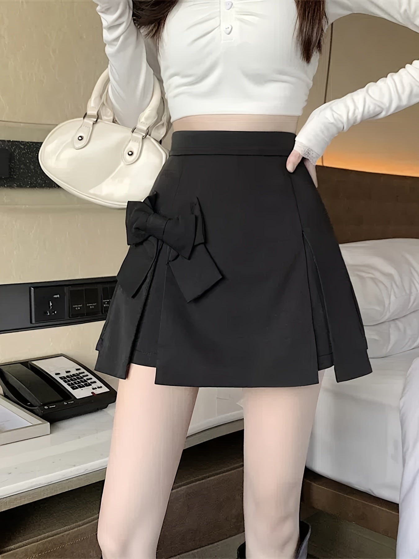 Women's Fashion Skirt with Bowknot Detail, Polyester, Korean Style, Solid Color, All-Season, Woven Fabric, Series Line