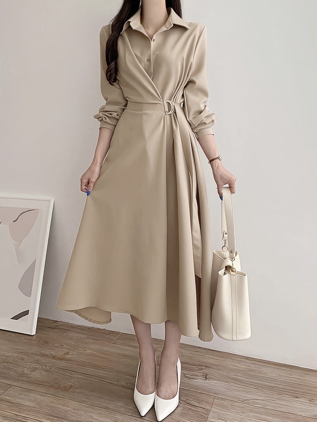 Women's Elegant Solid Color Mid-Length Dress with Shirt Collar, Side Tie Waist, Long Sleeves, Button Detail, A-Line Silhouette, Polyester, Spring/Autumn Fashion, Korean Style