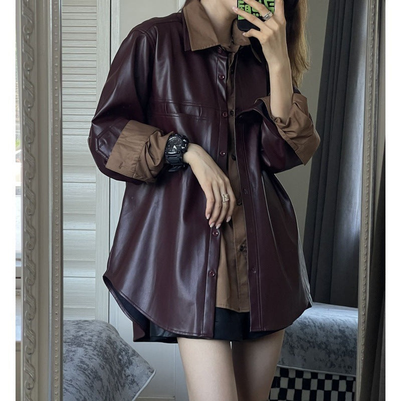 Grape Purple PU Leather Coat Women's Retro