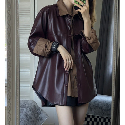 Grape Purple PU Leather Coat Women's Retro