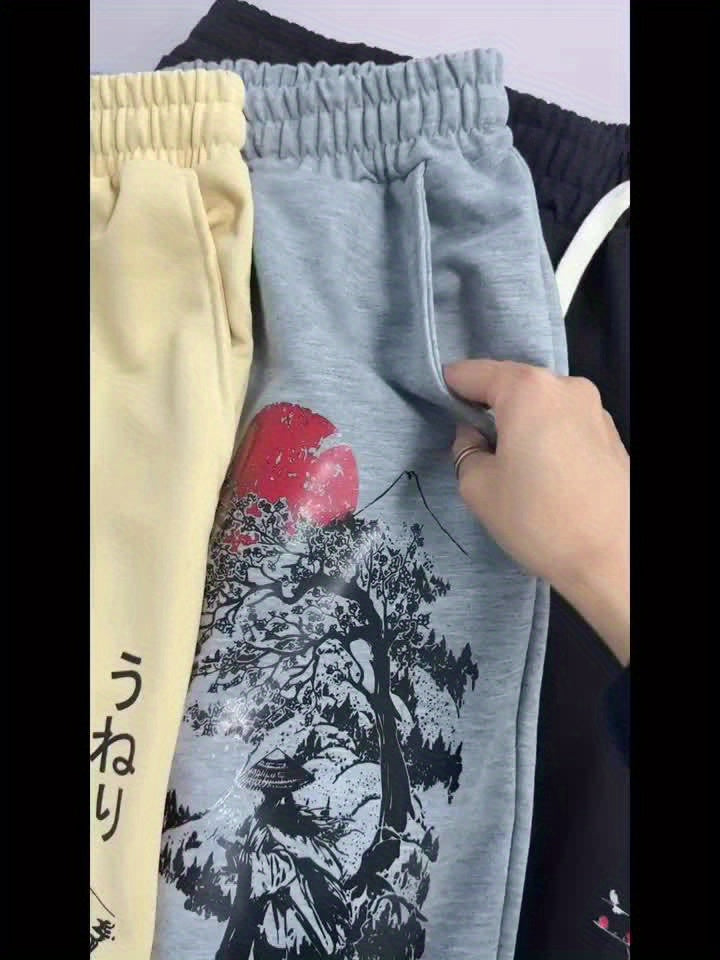 3pcs Sun Pattern Print Men's Fashion Drawstring Shorts Set, Casual Style Elastic Waist Summer Beach Shorts Fitness Sports Shorts, Japanese Style Shorts