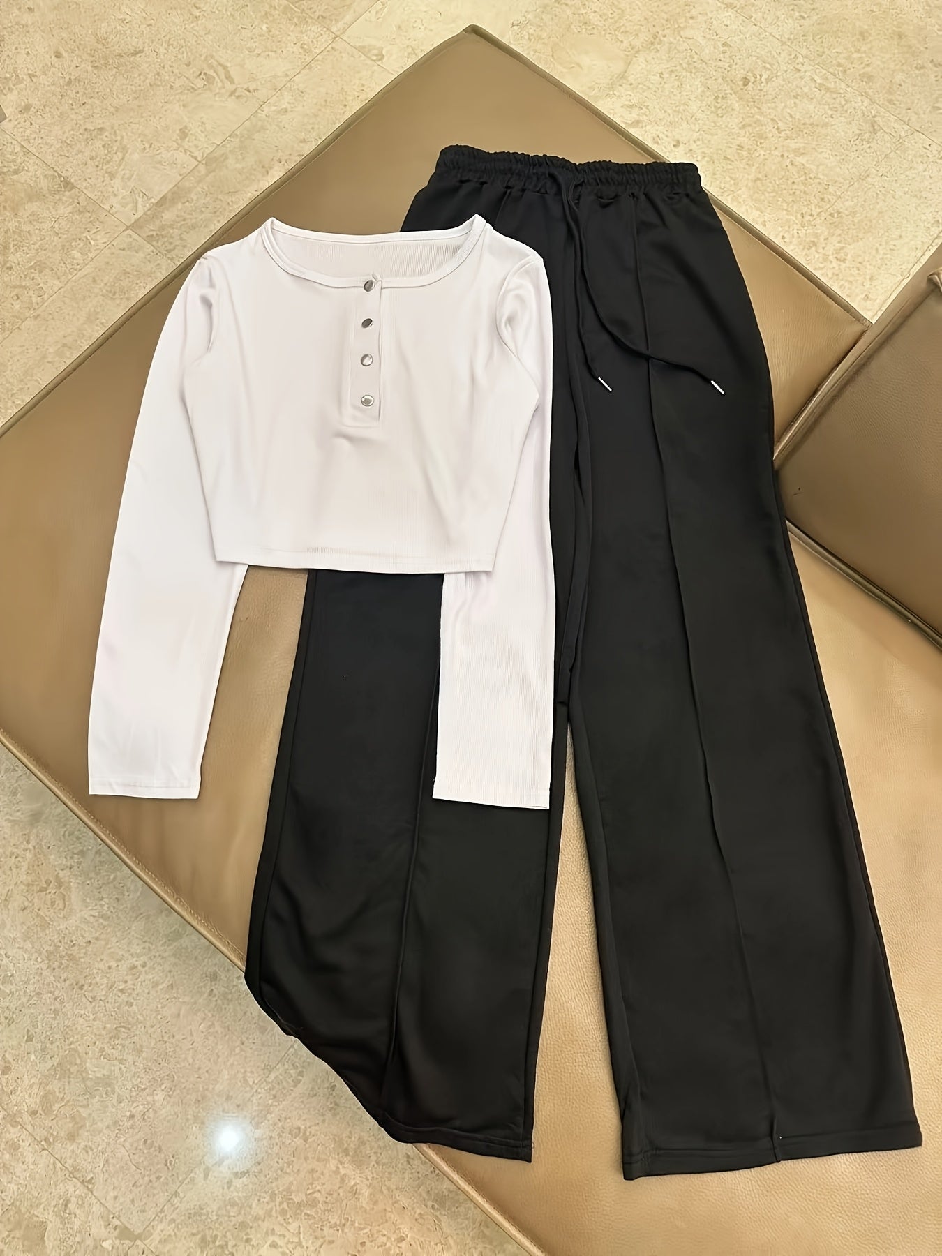 Casual Stretch Slim Fit Crew Neck Button Pullover T-Shirt + Elastic Waist Wide Leg Pants Long Set