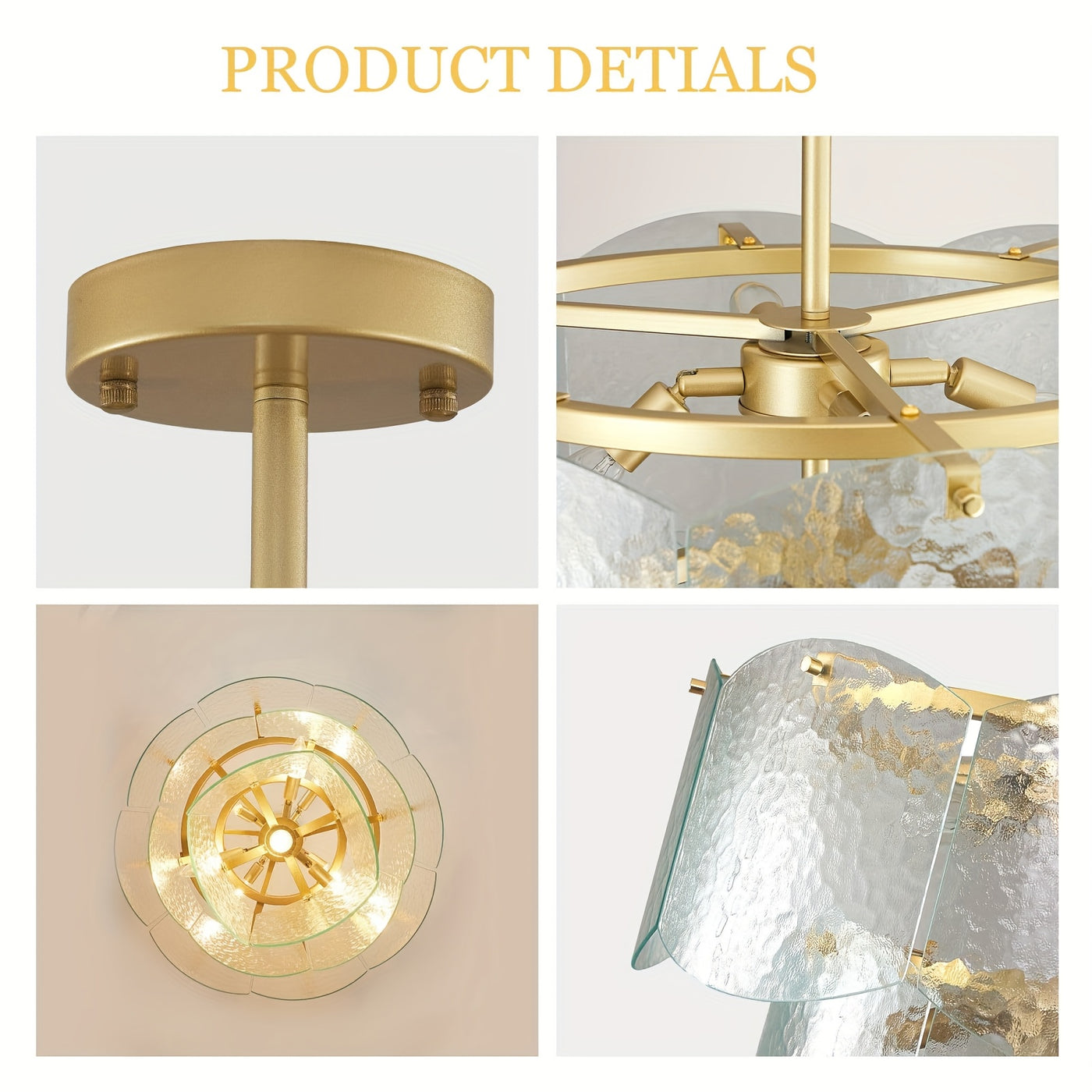24" Modern Golden Chandelier with 8 Light Bulbs - Adjustable Round Glass Pendant for Dining Room, Kitchen Island, or Farmhouse Decor, Rustic Lighting Fixture with Polished Metal Finish, E12 Base, Compatible with LED/CFL Bulbs