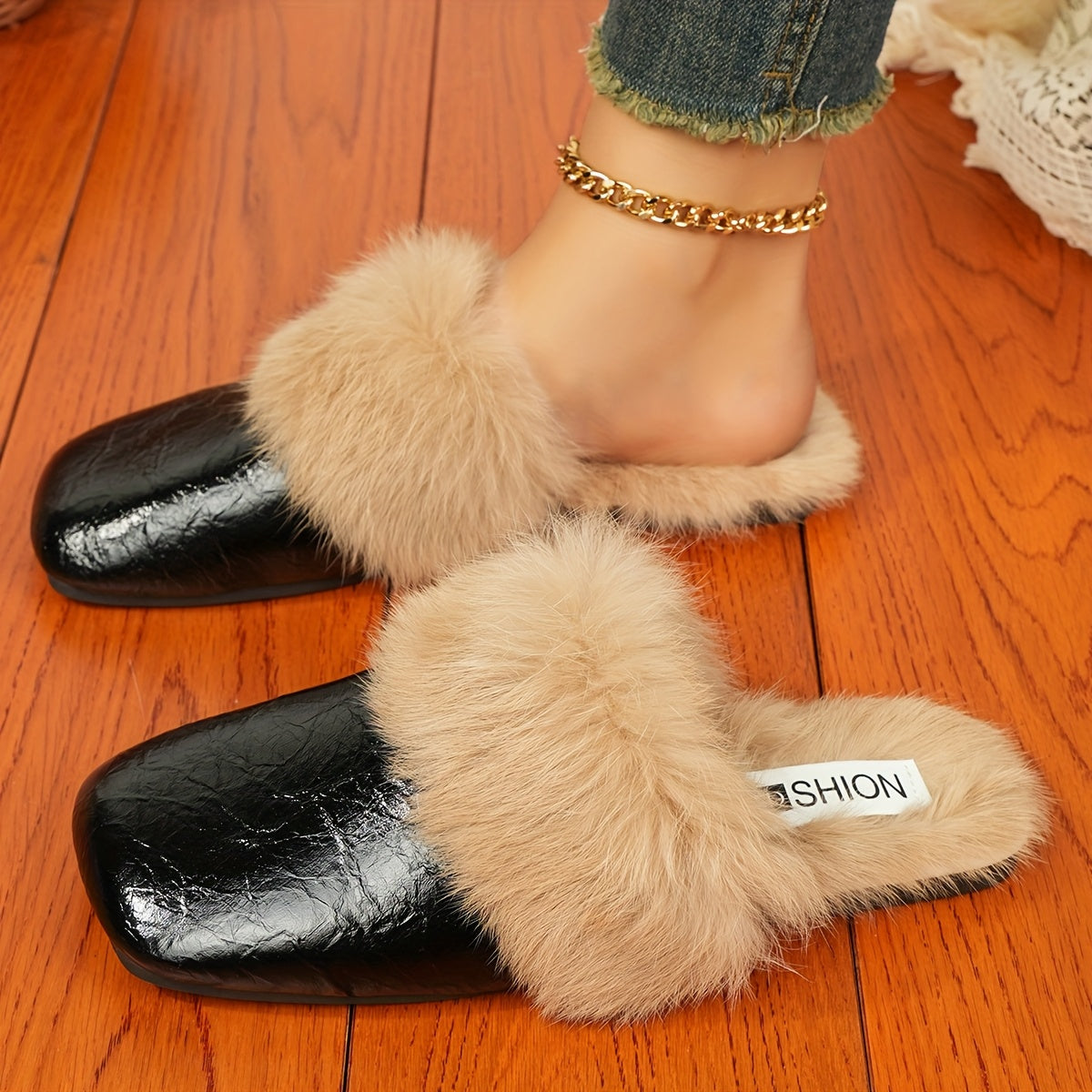 Versatile Korean Style Furry Square Head Flat Slippers - Women's Shoes for Outdoor and Indoor Wear xyns-2866