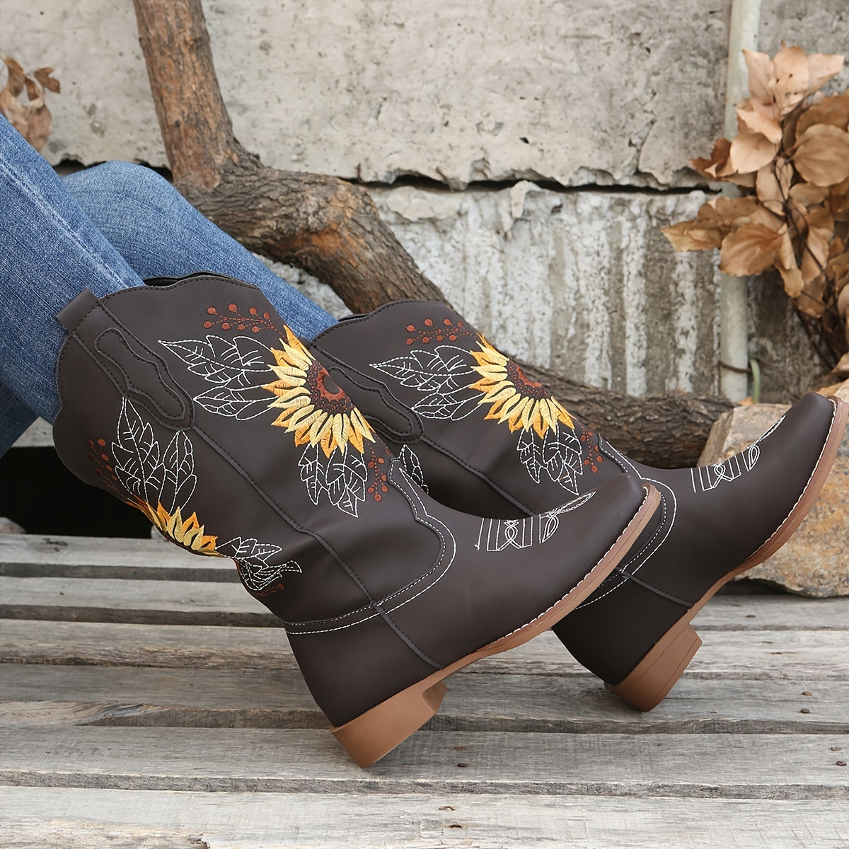 [Mid Calf Embroidered Western Boots] Women's Embroidered Mid Calf Western Boots, Faux Leather Fashion Boots, Women's Footwear