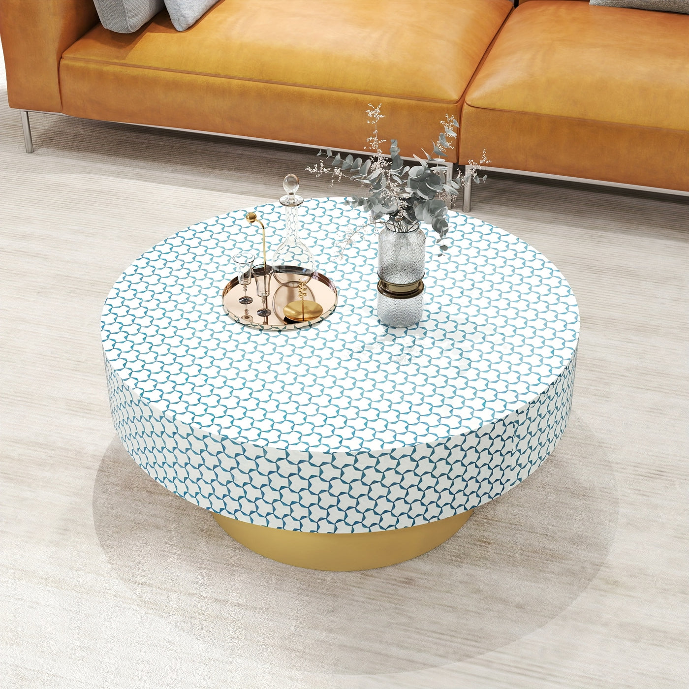 32.5" Round Coffee Table with 2 Large Drawers - Mid-Century Modern Living Room Center Table, Heavy-Duty Metal Construction, Easy Assembly, Golden Accent base for Small Spaces, Apartments, Offices - Space-Saving Storage Organi