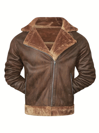 Men's Slim Fit Jacket with Faux Fur Trim - Casual Brown Zip-Up Coat, Long Sleeve, Polyester Blend for Casual Attire