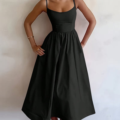 Women's Floor-Length/Short Length Sleeveless A-Line Maxi/Mini Floor-Length Evening Gown - Solid Black Floor-Length Party Wedding Gala Evening Dress with A-Line Silhouette, Smooth Texture & Clear Strap Neckline, Machine Washab