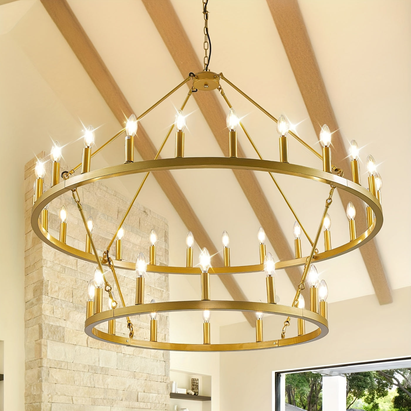 Modern Farmhouse Chandelier 2 Tier Round Wheel Chandelier Large High Ceiling Light.
