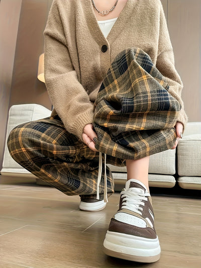 Women's Black & White Plaid Wide-Leg Pants - All-Season Loose Trousers with Drawstring Waist, Non-Transparent Casual Everyday & Formal Outfits, Machine Washable Elegant Pants for Women, Comfortable Clothing, Korean Fashion St