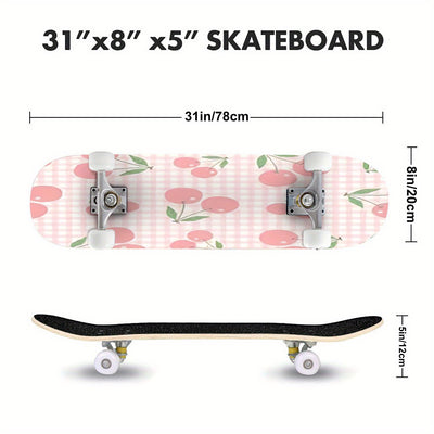 Women's Cute Cherry Blossom Skateboard with Heart Cutouts & Smooth Edges - Pastel Pink & White Checkered Grip Tape, White Trucks, Pink Wheels - All Skill Levels, Ideal for Beginners & Holiday Gifts (Girls' Street Skateboard)