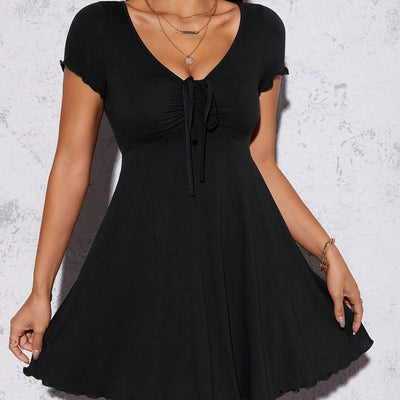Elegant Women'S Summer Knit Dress - Slim Fit, V-Neck, Short Sleeve with Front Knot Detail, Black, Perfect for Casual or Stylish Outfits