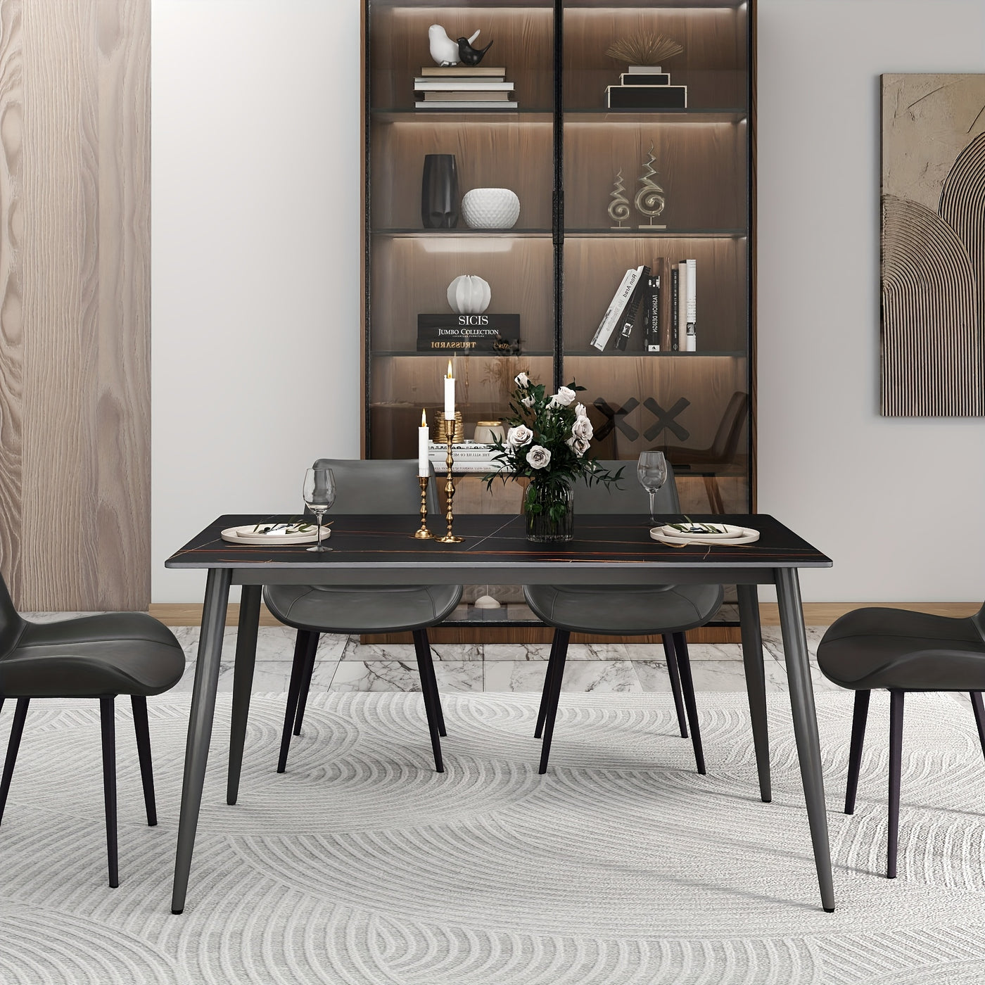 Modern White Sintered Stone Dining Table with Solid Carbon Steel Legs - Space-Saving Rectangular Table for Small Spaces, Easy Assembly, Scratch & Heat Resistant, 200lb Weight Capacity, Marble-Like Surface, Ideal for Apartment