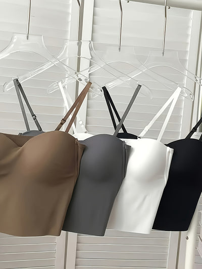 4pcs Women's Seamless Ice Sliky Fiber Tank Tops - Backless Breathable Summer Tops with Built-In Bra, Full Coverage Sleeveless Shirts, Side-Tie Detail & Smooth Fabric (Black/White/Brown/Beige) for Casual Casual Attire, Versati