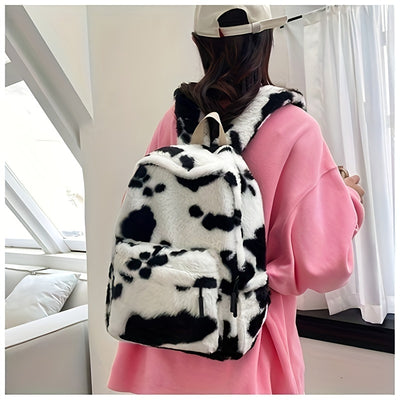 Women'S Cow Print Fleece Backpack, Korean Style Casual Shoulder Bag, Polyester Lining, Adjustable Straps, Zip Closure, Lightweight, Random Print, Versatile for School & Outings