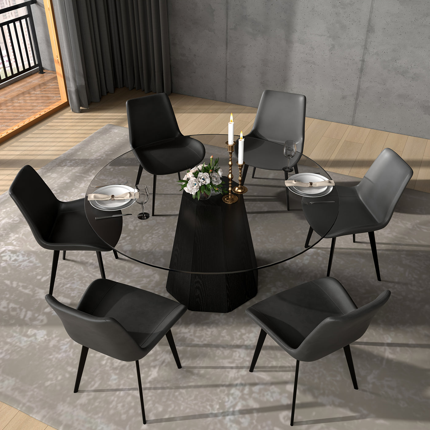 Glass Round Dining Table For 6-8, Modern Dining Table 59" Dining Room Table Round Black Glass Top With Solid Base For Kitchen