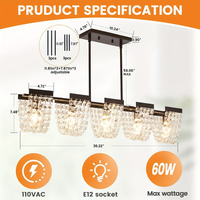 36" 5-Light Crystal Chandeliers For Dining Room, Modern Dining Room Light Fixture, Farmhouse Kitchen Island Lighting, Vintage Hanging Pendant Lights, Dining Chandelier Over Table
