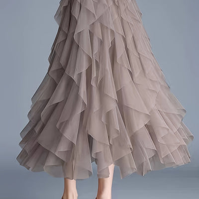 Chic Elegance, Elegant High-Waist A-Line Tulle Skirt for Women - Chic Korean-Style Spring Collection, Sheer Brown Polyester with Delicate Mesh Layers, Perfect for Summer Skirt