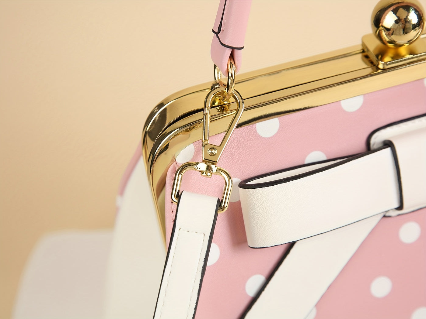 [Elegant Handbag] High Quality Lacquered Handbag | 2024 Autumn New Korean Polka Dot for Women - Kiss Lock Closure, Removable Shoulder Strap & Bow Detail, Glossy Patent Look (Black/White, Bronze, Pink & White) - Perfect for We