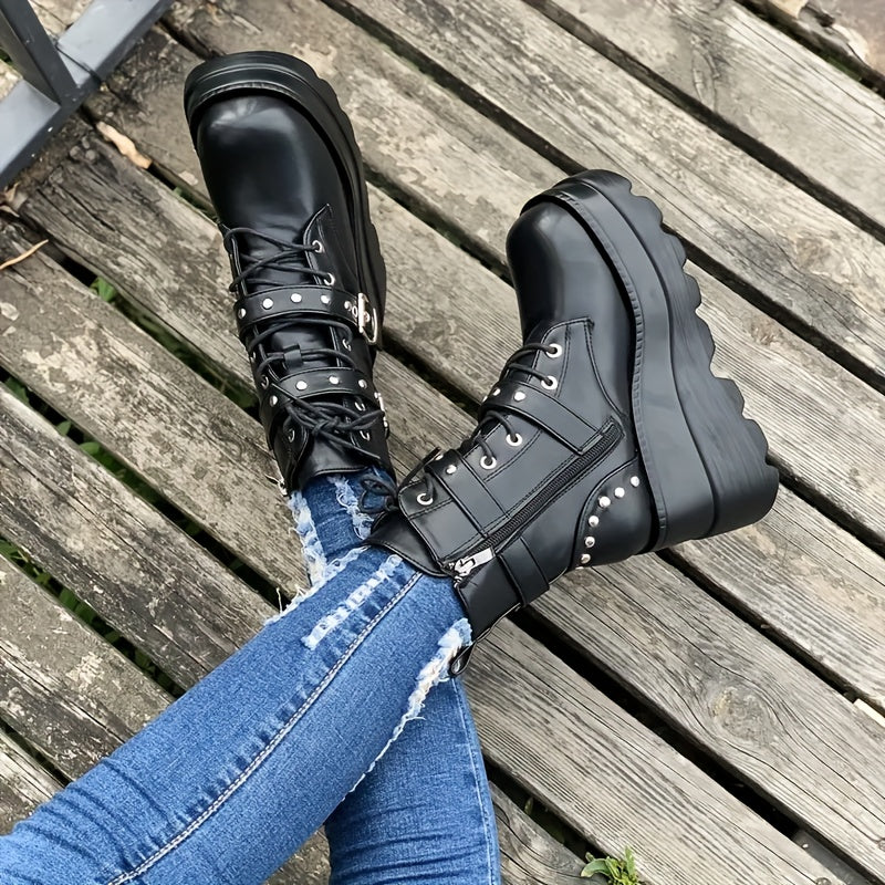 Women'S Chunky Heel Ankle Boots - Black Faux Cover Lace-Up with Metallic Buckle Straps, Round Toe & Thick Sole for Casual & Formal Outfits, High Heel Boots, Formal Footwear, Durable Footwear