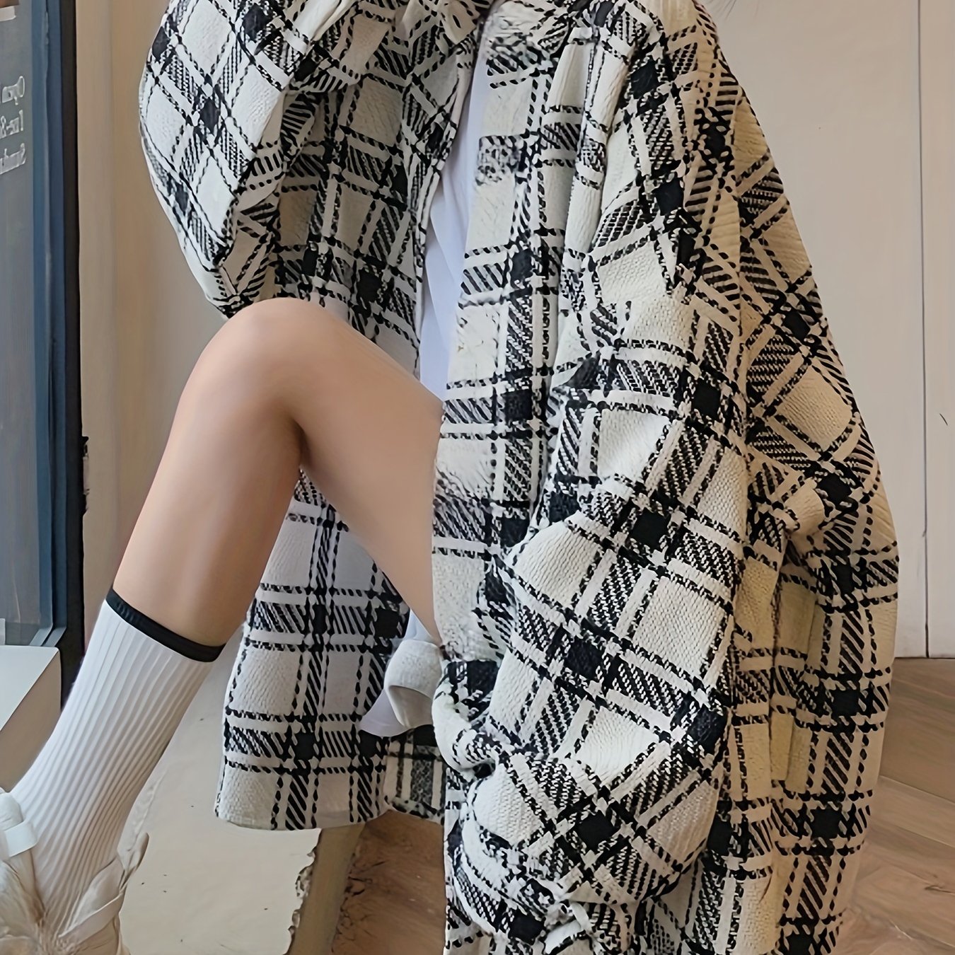 Women's Plus Size Plaid Shirt, Polyester Blend, Button-Down, Non-Stretch, Seasonal, Casual Top, Oversized, Korean Style, Checkered Pattern, Woven Fabric