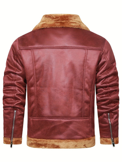 Men's Slim Fit Jacket with Faux Fur Trim - Casual Brown Zip-Up Coat, Long Sleeve, Polyester Blend for Casual Attire