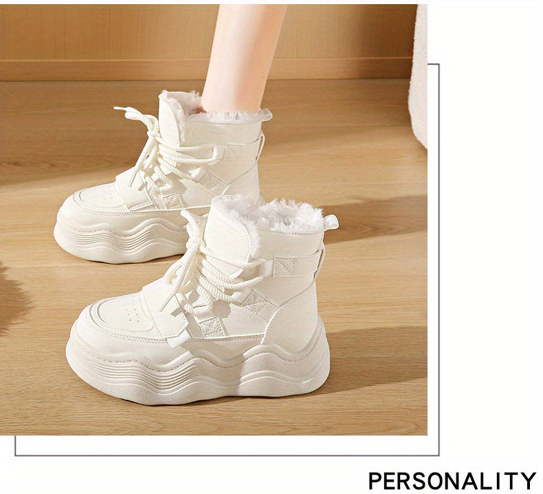 2024 Winter Fleece-Lined White Sneakers - Korean Style Insulated Women'S High-Top Lace-Up Shoes, Thick-Soled Casual & Sports Shoes with PU Upper, Rubber Sole, and Breathable Fabric Lining for Cold Weather Comfort, Casual Foot