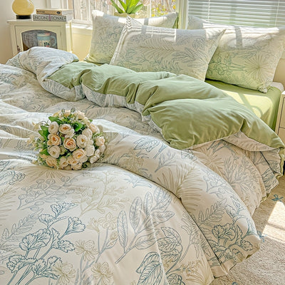 3pcs Korean Style Duvet Cover Set, New American Floral Duvet Cover Set with 1 Single Duvet Cover + 2 Pillowcases, Comfortable and Breathable, Machine Washable, Non-Fading and Deforming, Suitable for All Seasons, Light Beige-F