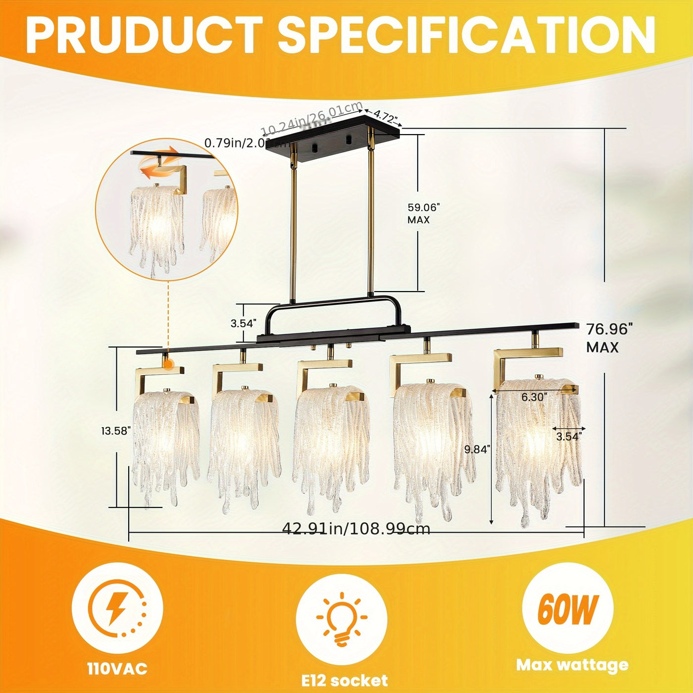 Dining Room Light Fixture/Chandelier Over Table, 5-Light Kitchen Island Lighting, Hanging For Farmhouse Linear Chandeliers, Black And Golden Ceiling Pendant Light Fixtures, With Glass Shade