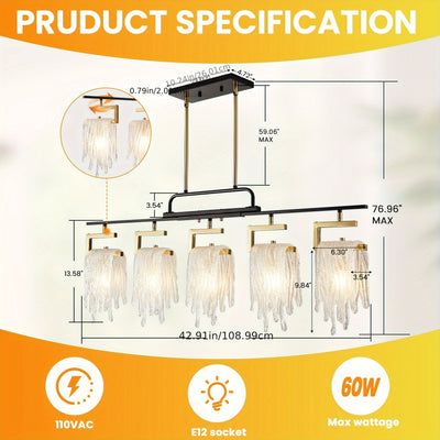 Dining Room Light Fixture/Chandelier Over Table, 5-Light Kitchen Island Lighting, Hanging For Farmhouse Linear Chandeliers, Black And Golden Ceiling Pendant Light Fixtures, With Glass Shade