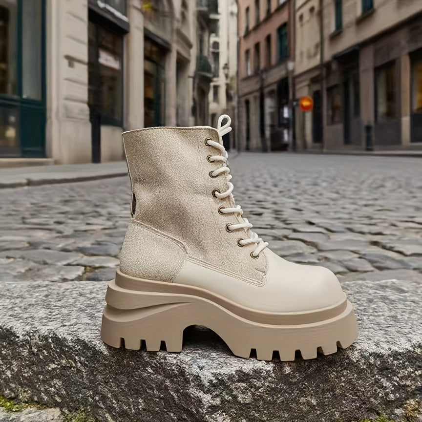 Women'S Chunky Platform Ankle Boots - Round Toe Lace-Up Mid-Heel Boots with Cross Strap Detail, Brown Fabric Upper & Rubber Sole for Spring/Fall Outdoor Travel, Versatile Casual to Formal Wear, Spring Fall Footwear, Durable T