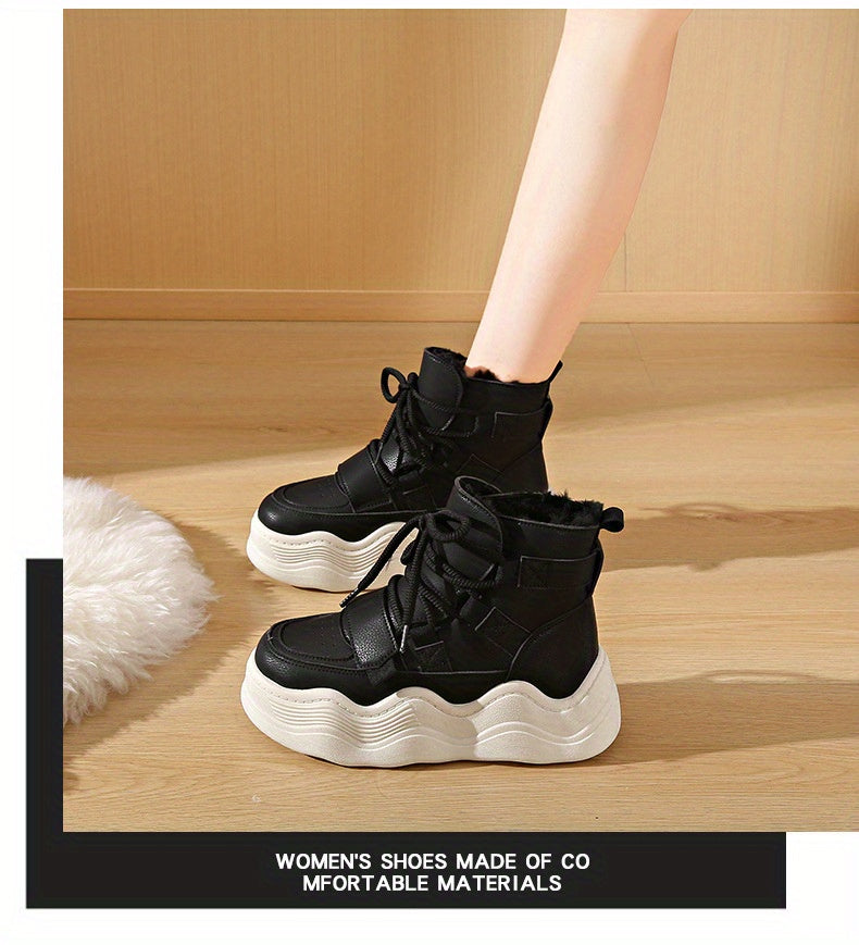 2024 Winter Fleece-Lined White Sneakers - Korean Style Insulated Women'S High-Top Lace-Up Shoes, Thick-Soled Casual & Sports Shoes with PU Upper, Rubber Sole, and Breathable Fabric Lining for Cold Weather Comfort, Casual Foot