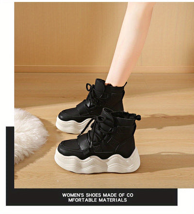 2024 Winter Fleece-Lined White Sneakers - Korean Style Insulated Women'S High-Top Lace-Up Shoes, Thick-Soled Casual & Sports Shoes with PU Upper, Rubber Sole, and Breathable Fabric Lining for Cold Weather Comfort, Casual Foot