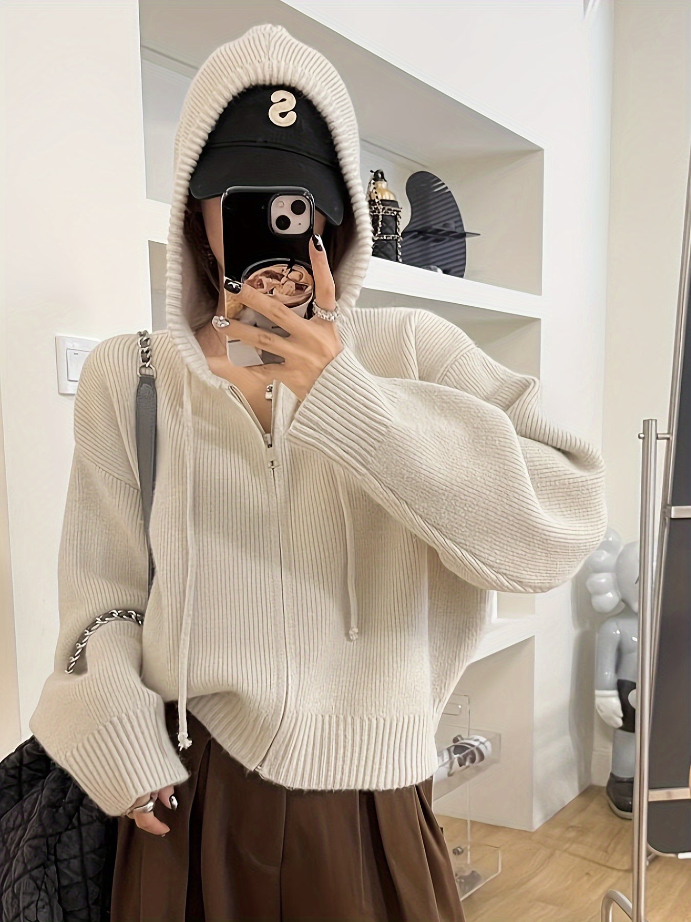 Solid Zipper Drawstring Hooded Cardigan, Casual Long Sleeve Loose Cardigan For Fall & Winter, Women's Clothing